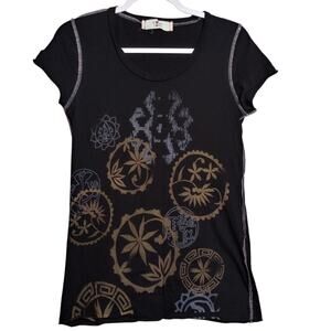 Coin 1804 Fitted Y2K Black and Brown Graphic Exposed Hem Short Sleeve Top Size M